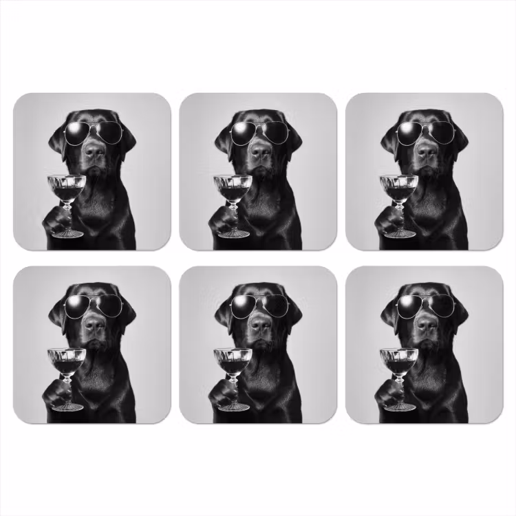 Hond - Zwart - Wijnglas - Zonnebril onderzetter kurk middel -3d