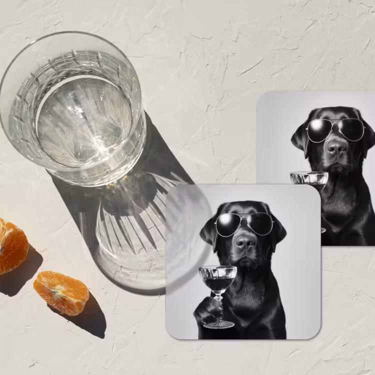 Hond - Zwart - Wijnglas - Zonnebril onderzetter kurk middel -sfeer4