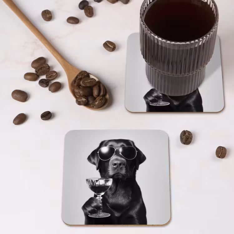 Hond - Zwart - Wijnglas - Zonnebril onderzetter kurk middel -sfeer2