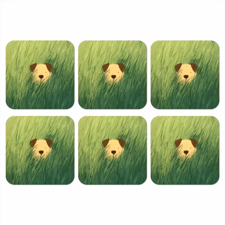Hondje - Gras - Oren - Bruin onderzetter kurk middel -3d