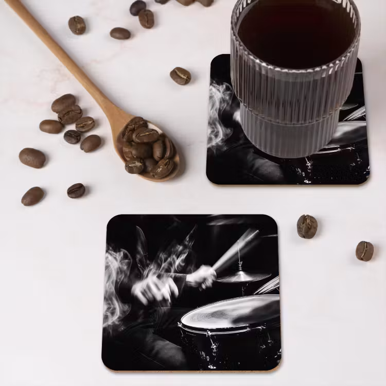 Drummer - Zwart - Drumstel onderzetter kurk middel -sfeer2