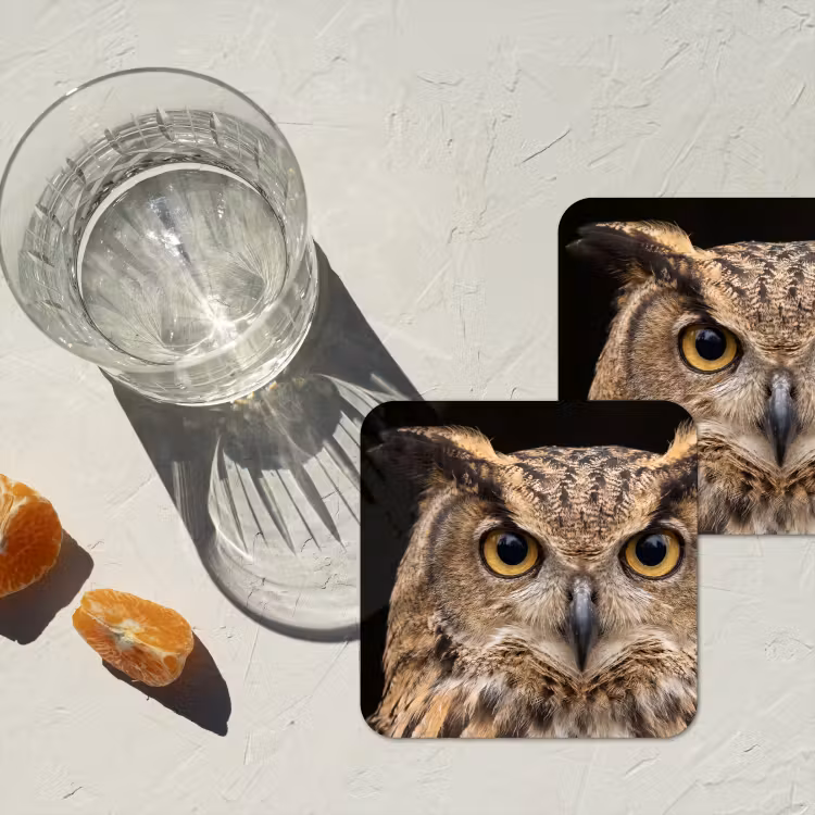 Oehoe - Uil - Portret - Bruin onderzetter kurk middel -sfeer4