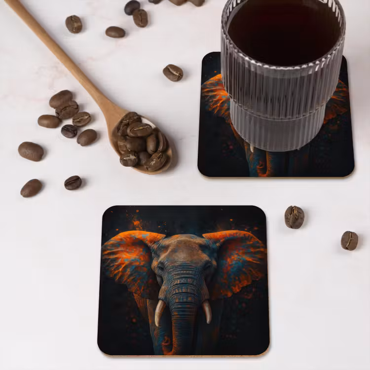 Olifant - Oranje - Oren onderzetter kurk middel -sfeer2