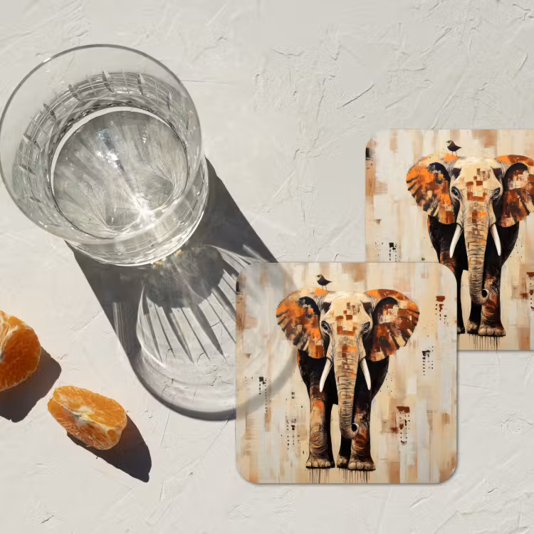 Olifant - Slurf - Mozaïek - Abstract onderzetter kurk middel -sfeer4