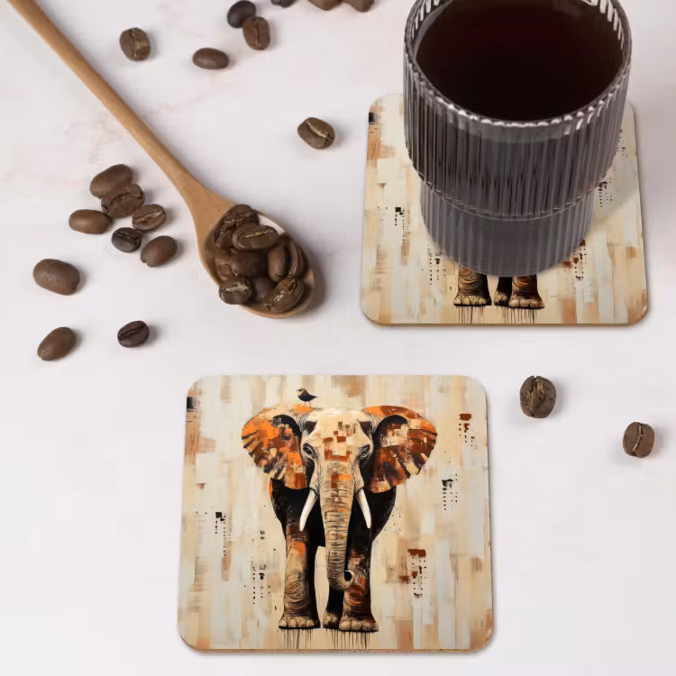 Olifant - Slurf - Mozaïek - Abstract onderzetter kurk middel -sfeer2