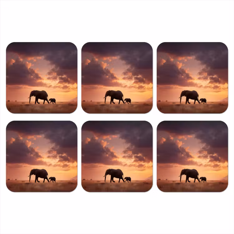 Olifanten - Grasland - Zonsondergang onderzetter kurk middel -3d