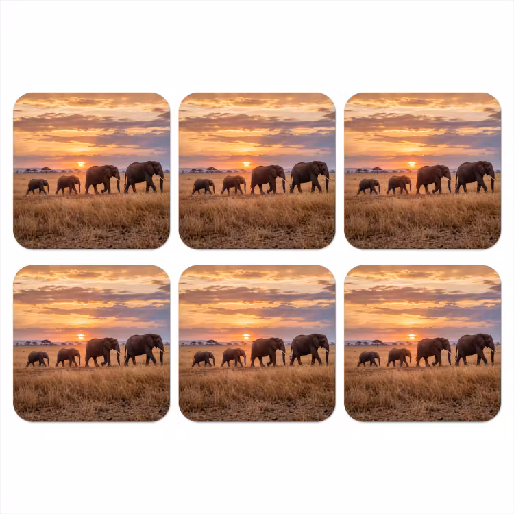 Olifanten - Savanne - Zonsondergang - Afrika - Warm onderzetter kurk middel -3d