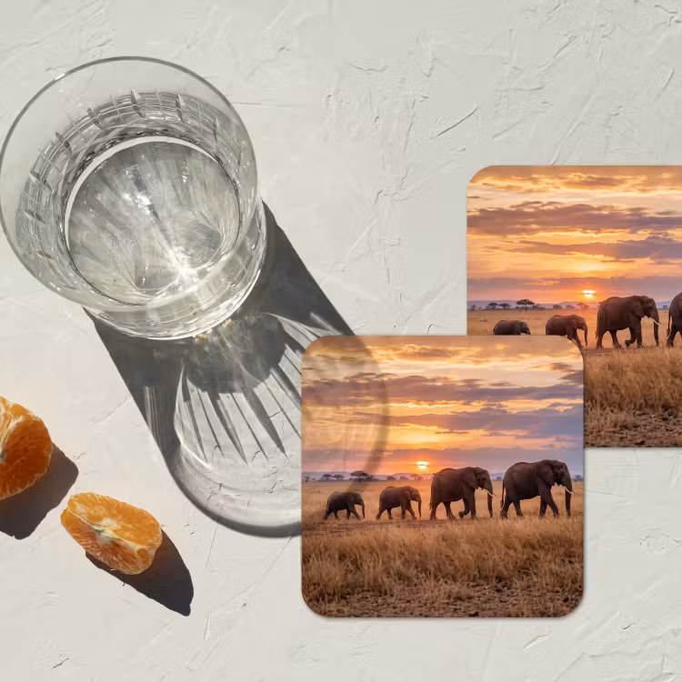 Olifanten - Savanne - Zonsondergang - Afrika - Warm onderzetter kurk middel -sfeer4
