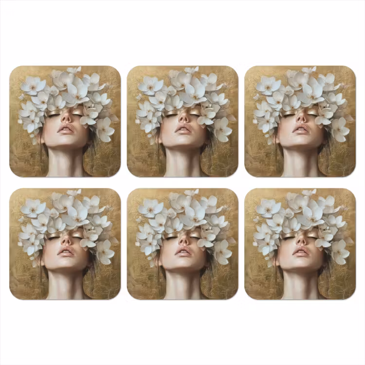 Gezicht - Bloemen - Goud - Abstract onderzetter kurk middel -3d