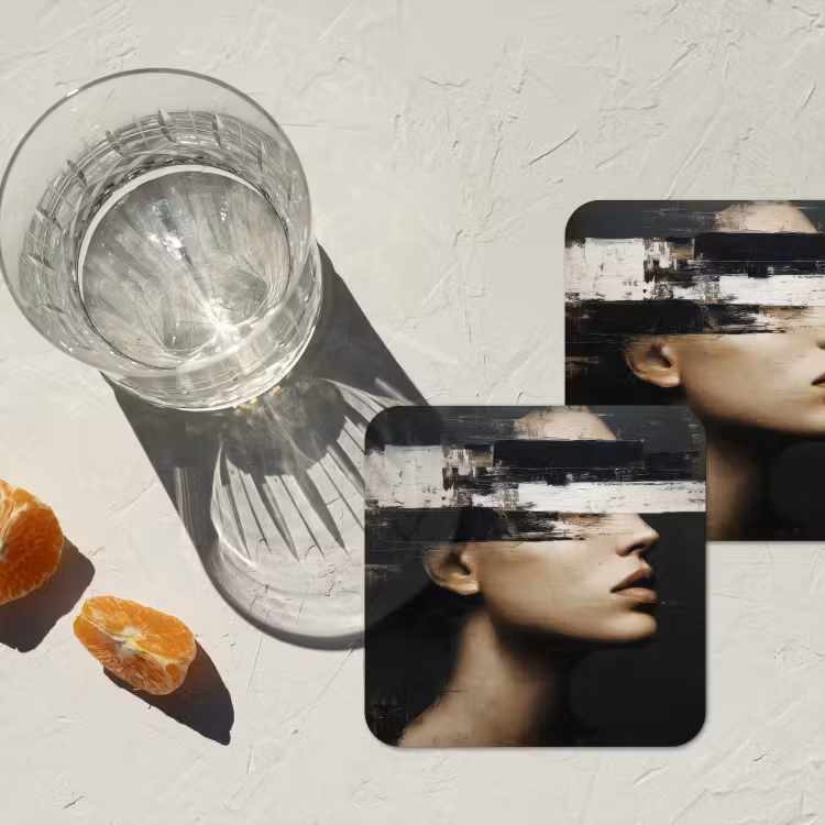 Gezicht - Vrouw - Zwart - Abstract onderzetter kurk middel -sfeer4