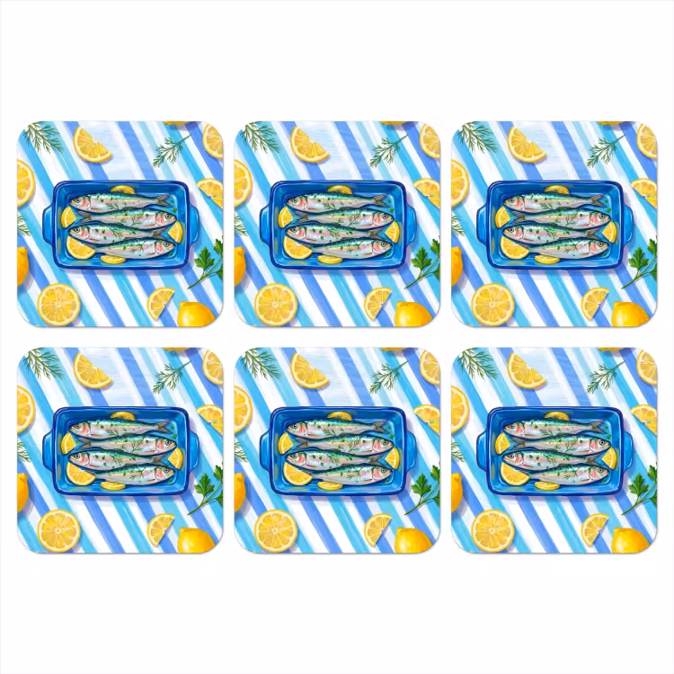 Vis - Citroen - Kruiden - Eten - Blauw onderzetter kurk middel -3d