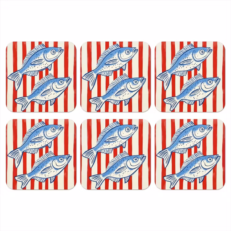 Vissen - Verticale strepen - Blauw - Rood onderzetter kurk middel -3d