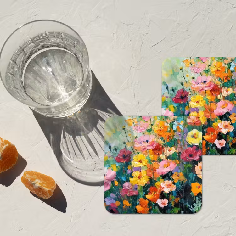 Bloemen explosie - Heldere kleuren - Vrolijk onderzetter kurk middel -sfeer4