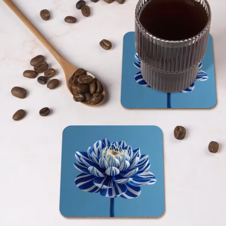 Bloem - Blauw - Bloemblaadjes - Streepjes onderzetter kurk middel -sfeer2