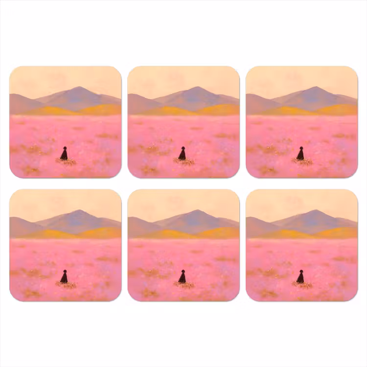 Bloemenweide - Heuvels - Silhouet - Roze onderzetter kurk middel -3d
