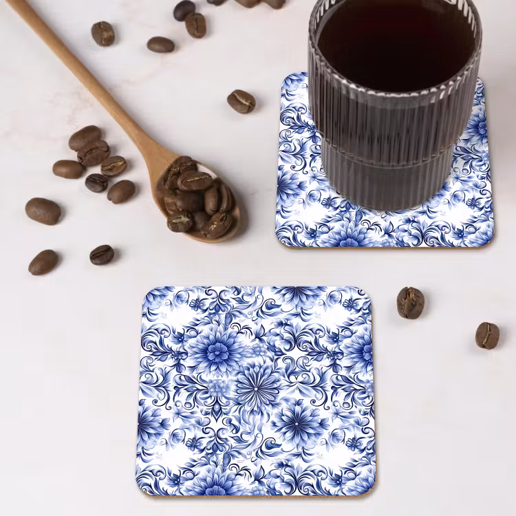 Bloemen - Blauw - Patroon - Wit onderzetter kurk middel 366 -sfeer2