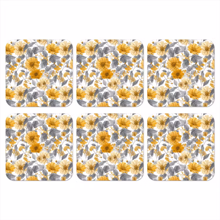 Bloemen - Botanisch - Elegant - Okergeel - Grijs onderzetter kurk middel 366 -3d