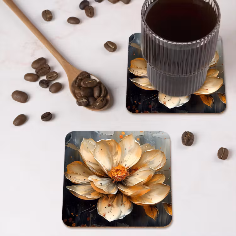 Bloemen - Goud - Kunst - Zwart - Modern onderzetter kurk middel -sfeer2