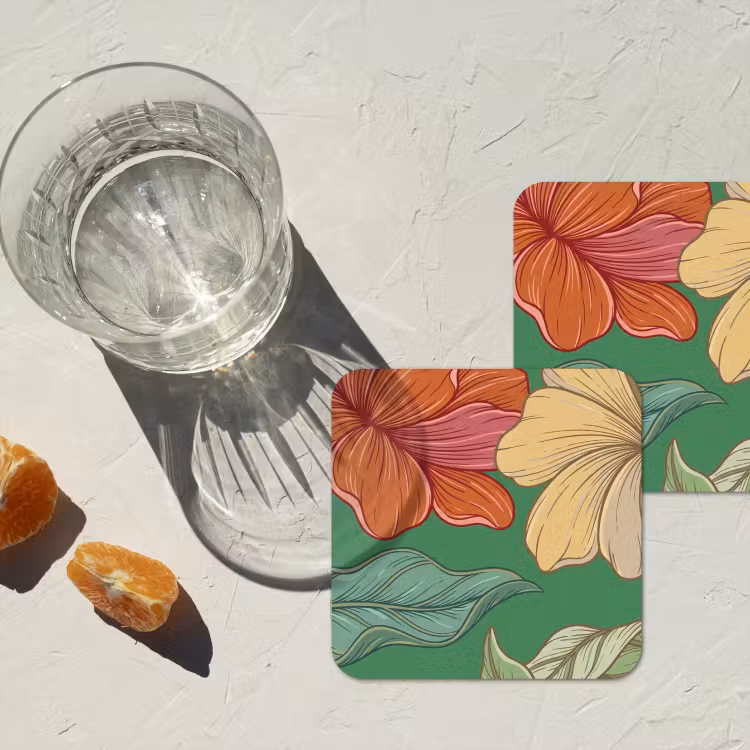 Coaster - Flowers - Greenery - Illustration - Bloemen - Groen - Illustratie onderzetter kurk middel