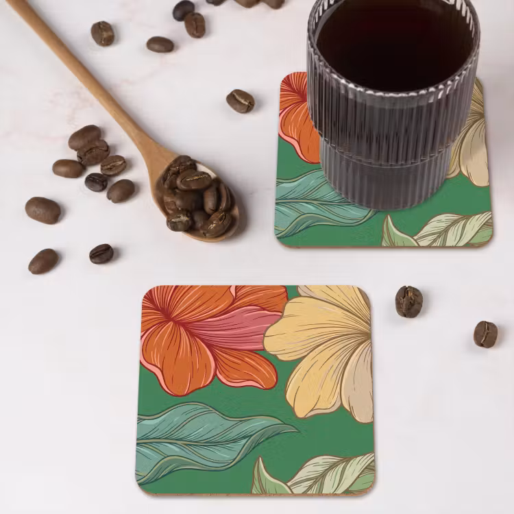 Coaster - Flowers - Greenery - Illustration - Bloemen - Groen - Illustratie onderzetter kurk middel