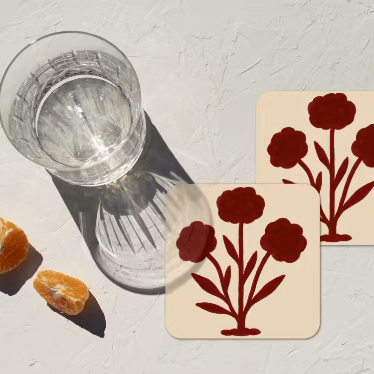 Bloemen - Bladeren - Rood - Minimalistisch onderzetter kurk middel -sfeer4