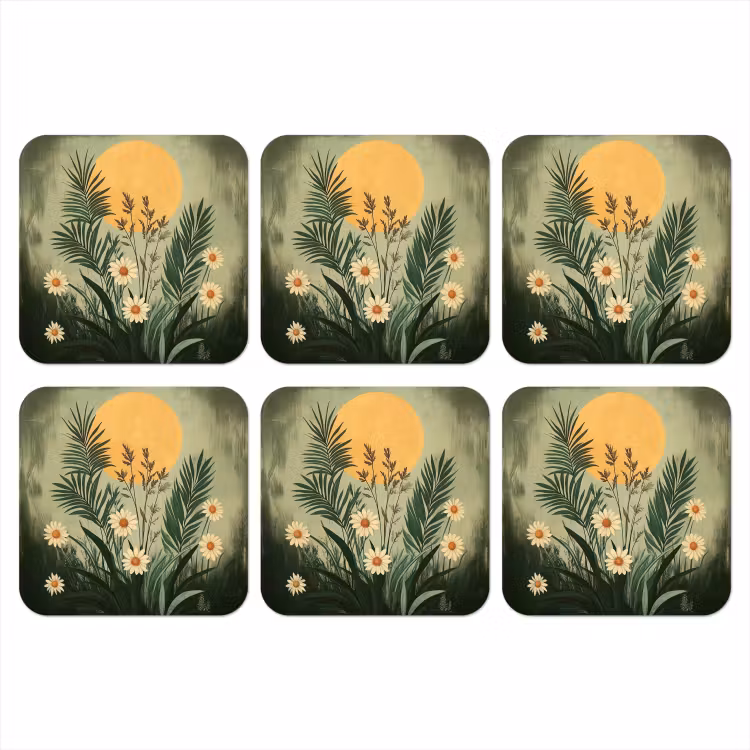 Bloemen - Bladeren - Zon - Groen onderzetter kurk middel -3d