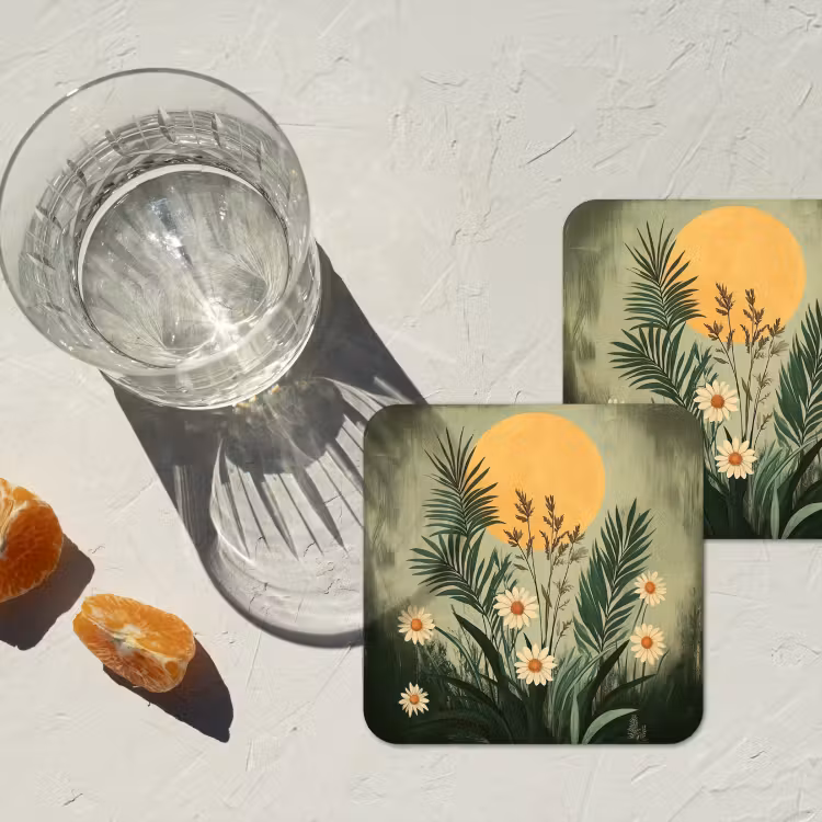 Bloemen - Bladeren - Zon - Groen onderzetter kurk middel -sfeer4