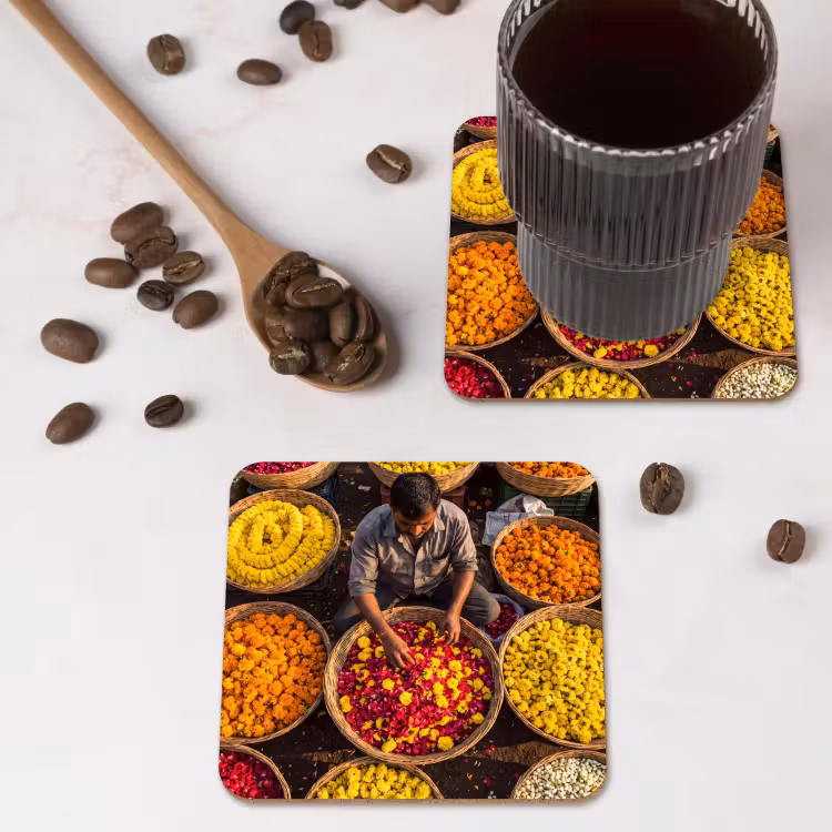 Coaster - Flowers - Market - Colorful - Bloemen - Markt - Kleurrijk onderzetter kurk middel
