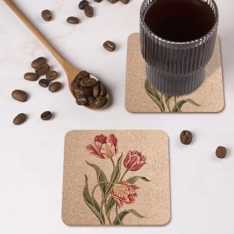 Bloemen - Mozaïek - Rood - Groen - Kunst onderzetter kurk middel -sfeer2