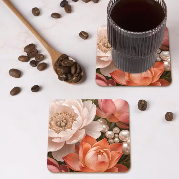 Bloemen - Parels - Elegant - Roze - Wit onderzetter kurk middel -sfeer2