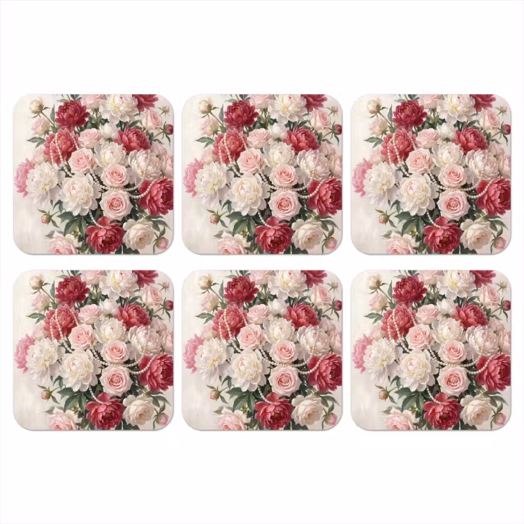 Bloemen - Parels - Romantiek - Klassiek - Roze onderzetter kurk middel -3d
