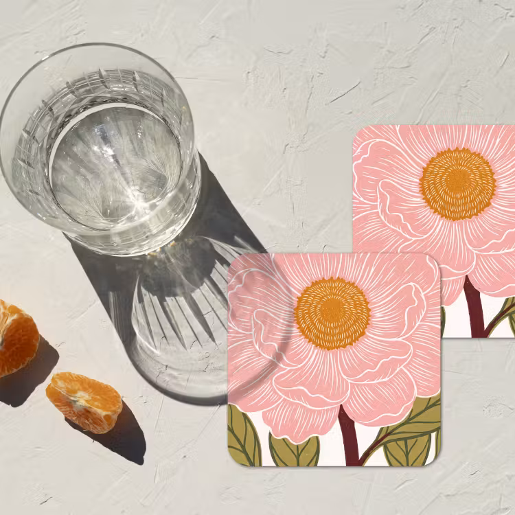 Coaster - Flowers - Pink - Illustration - Bloemen - Roze - Illustratie onderzetter kurk middel