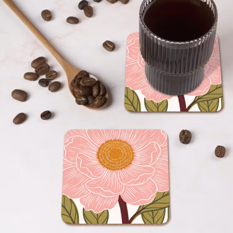 Coaster - Flowers - Pink - Illustration - Bloemen - Roze - Illustratie onderzetter kurk middel