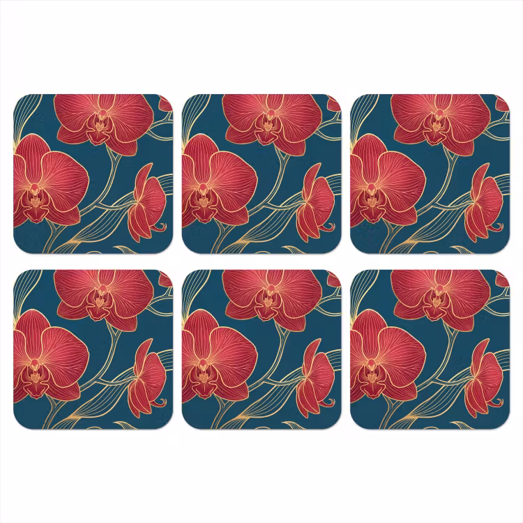 Coaster - Flowers - Red - Gold - Bloemen - Rood - Goud onderzetter kurk middel