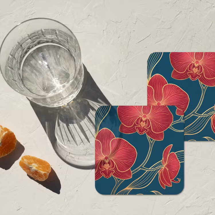 Coaster - Flowers - Red - Gold - Bloemen - Rood - Goud onderzetter kurk middel