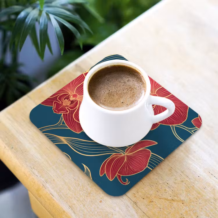Coaster - Flowers - Red - Gold - Bloemen - Rood - Goud onderzetter kurk middel