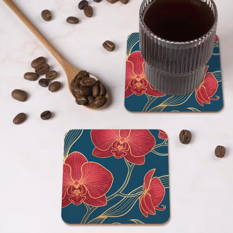 Coaster - Flowers - Red - Gold - Bloemen - Rood - Goud onderzetter kurk middel