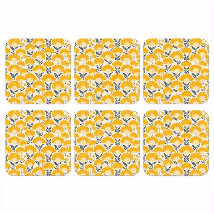 Bloemen - Retro - Botanisch - Okergeel - Grijs onderzetter kurk middel 366 -3d