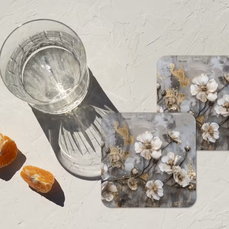 Bloemen - Wit - Grijs - Goud - Luxe onderzetter kurk middel -sfeer4