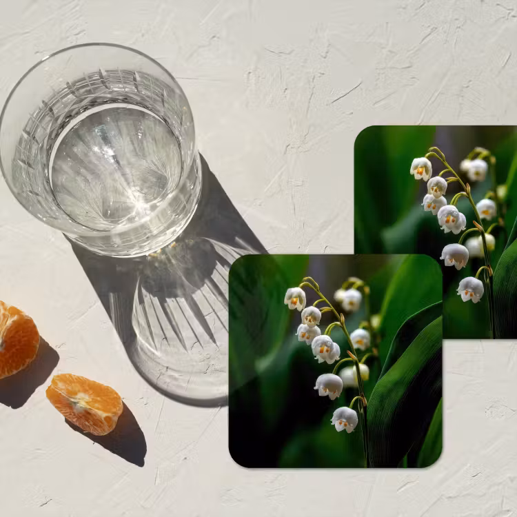 Bloemen - Wit - Bladeren - Lelietjes onderzetter kurk middel -sfeer4