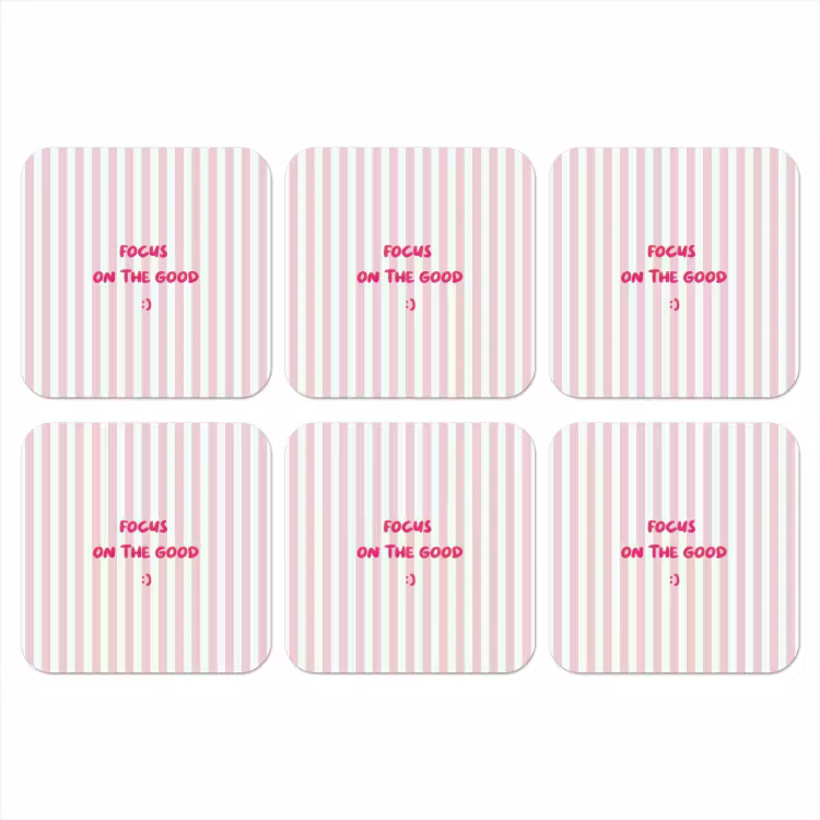 Focus on the good - Strepen - Roze - Smiley onderzetter kurk middel -3d
