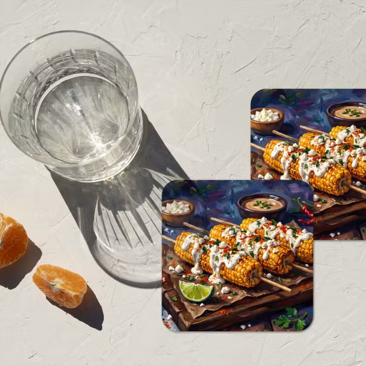 Eten - Maïs - Saus - Geschilderd - Geel onderzetter kurk middel -sfeer4