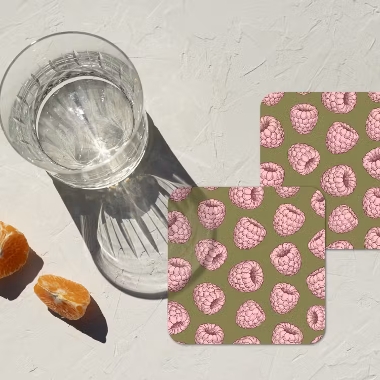 Eten - Patroon - Illustratie - Roze - Groen onderzetter kurk middel -sfeer4