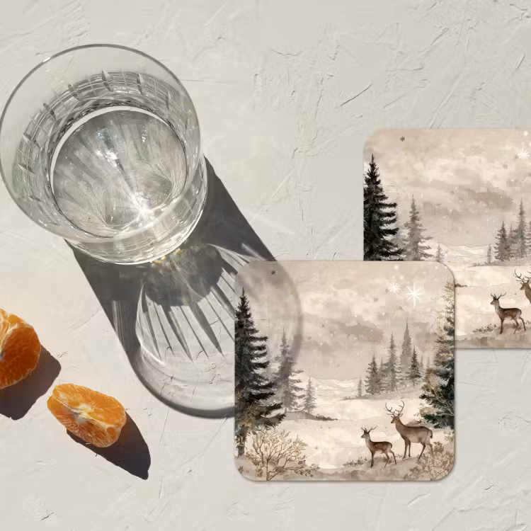 Bos - Herten - Winter - Sneeuw onderzetter kurk middel -sfeer4
