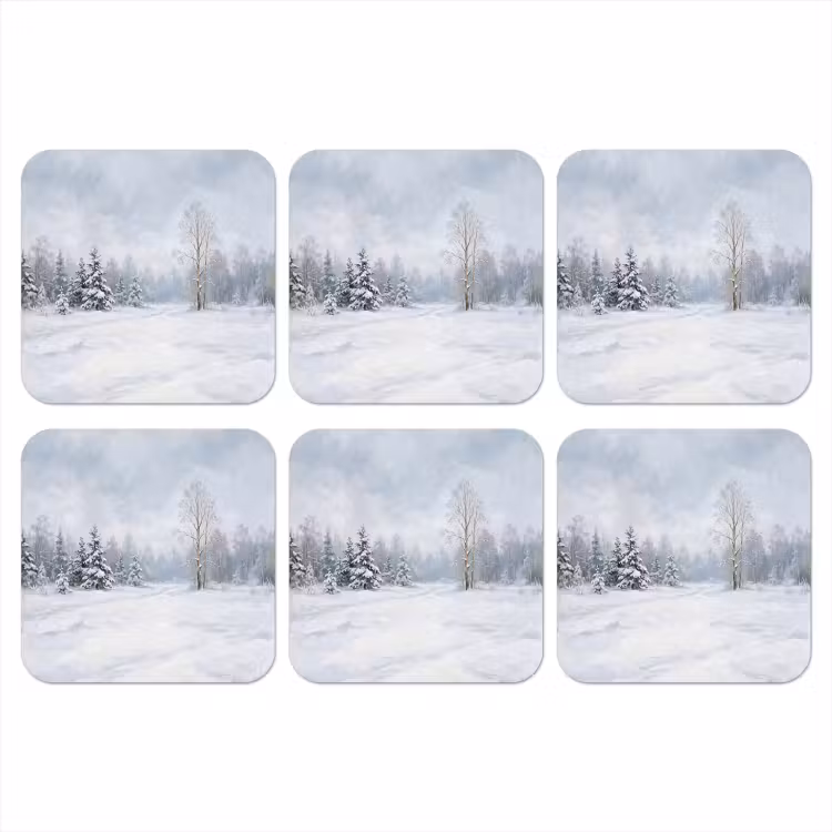 Bospad - Dennen - Sneeuw - Winter - Rustgevend onderzetter kurk middel -3d