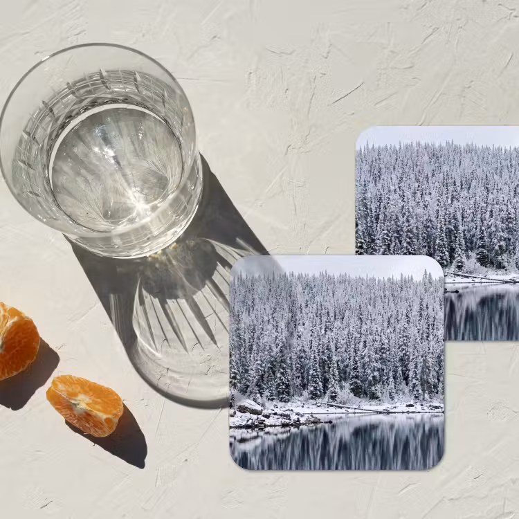 Bos - Reflectie - Meer - Winter - Serene onderzetter kurk middel -sfeer4