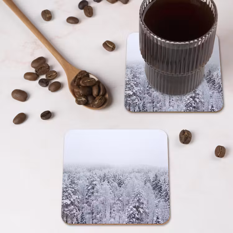 Bos - Sneeuw - Winter - Natuur - Wit onderzetter kurk middel -sfeer2