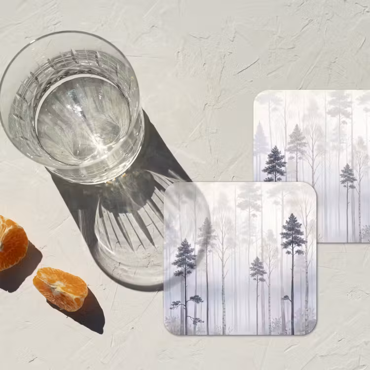 Bos - Bomen - Mist - Natuur - Illustratie - Grijs onderzetter kurk middel -sfeer4
