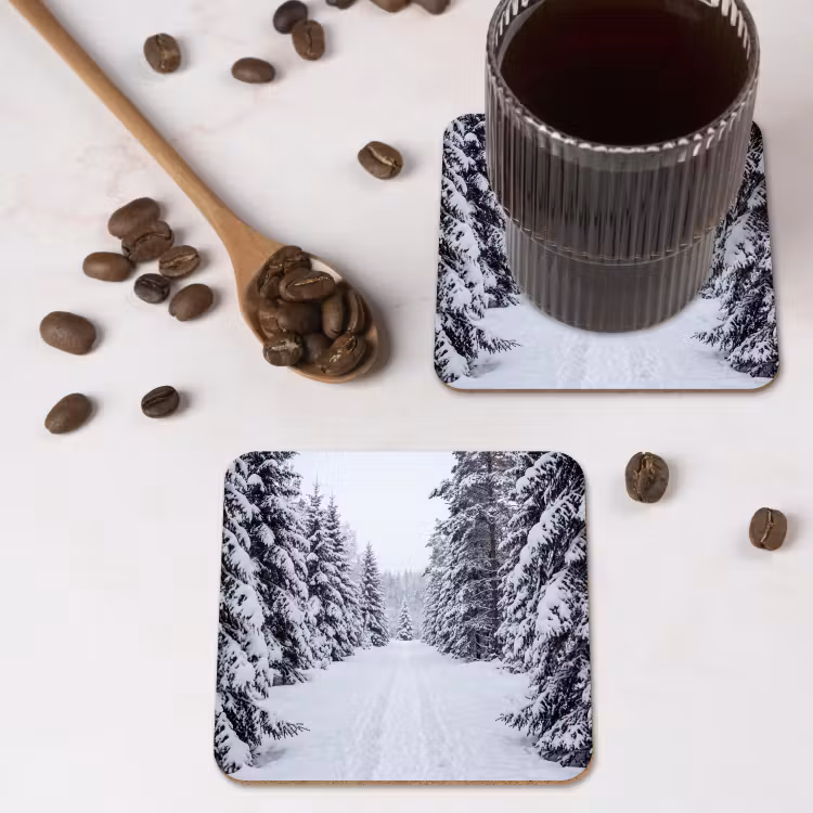 Bos - Winter - Sneeuw - Pad - Natuur onderzetter kurk middel -sfeer2