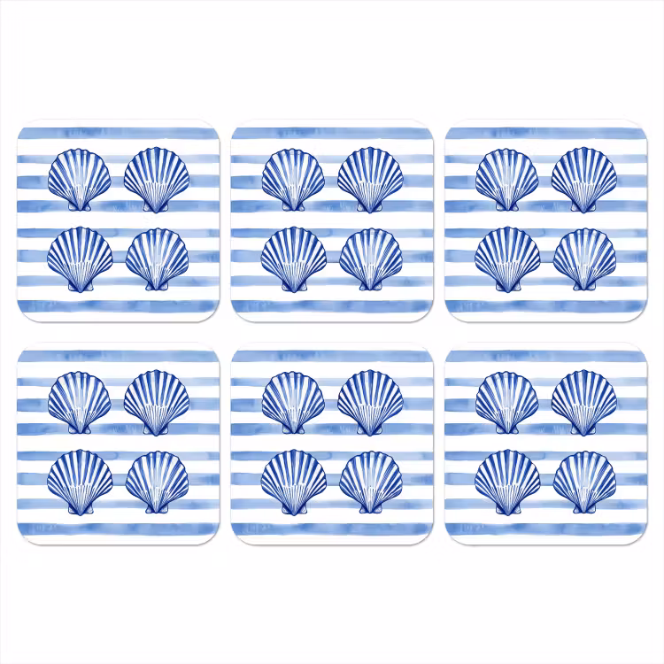 Vier schelpen - Blauw - Wit - Strepen onderzetter kurk middel -3d